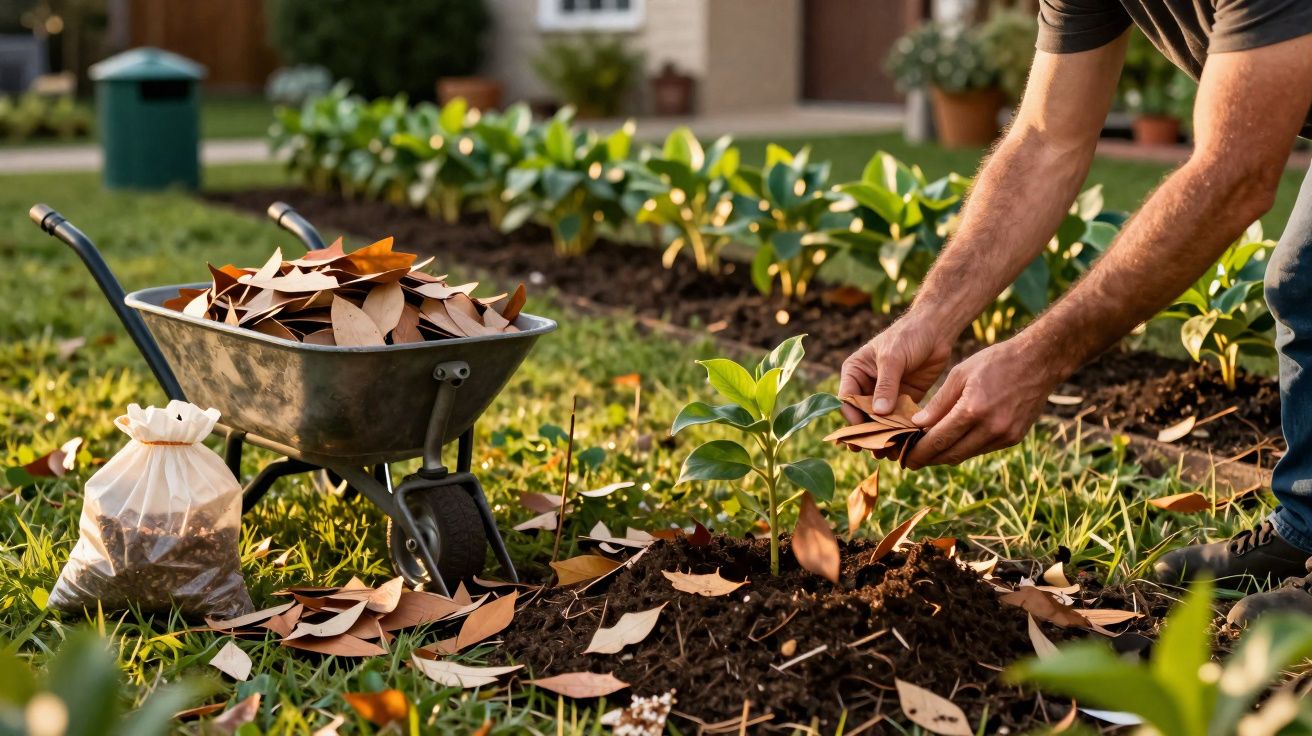 Pessoa a colocar folhas secas como cobertura num canteiro de plantas num jardim ensolarado.