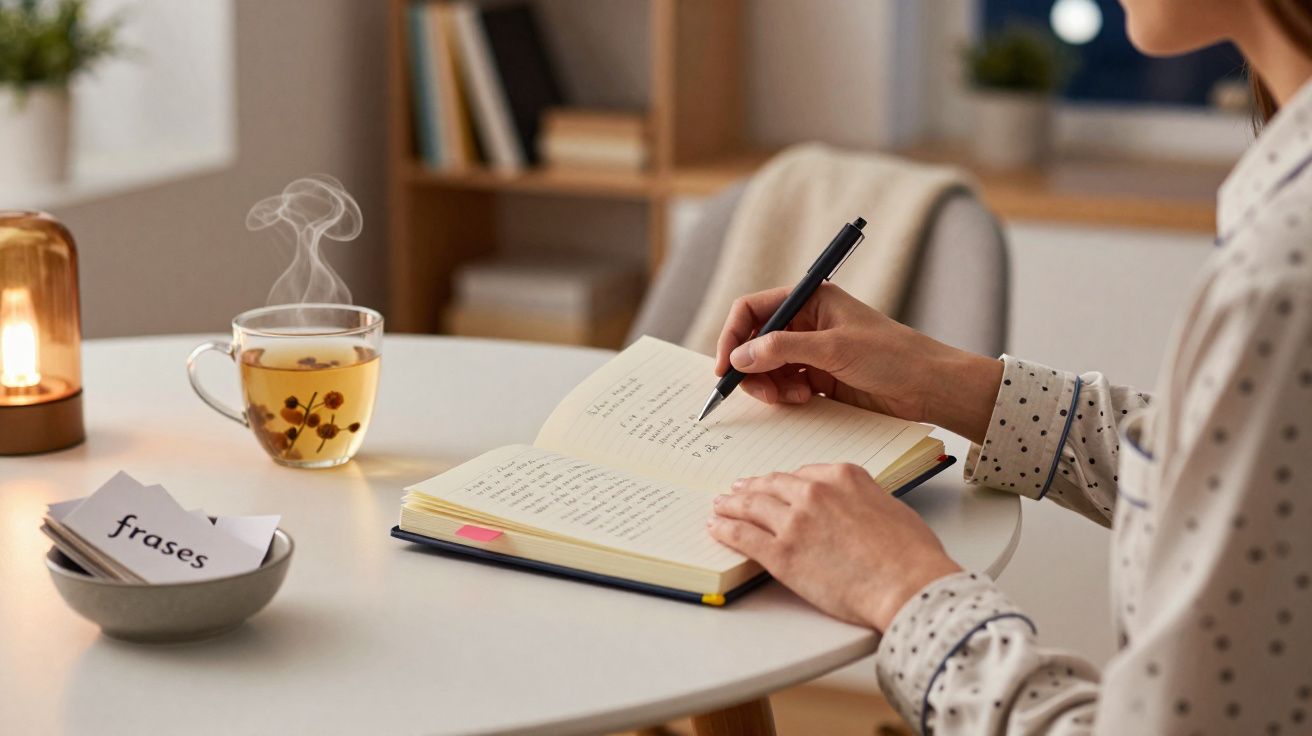 Pessoa a escrever num caderno sobre frases, com chá a fumegar numa mesa redonda branca.