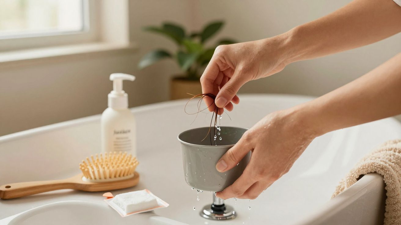 Mãos a limpar fios de cabelo num pequeno recipiente junto a uma banheira, com escova e sabonete ao fundo.