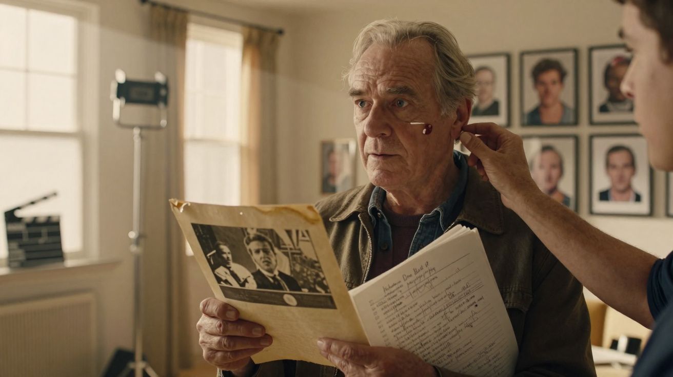 Homem idoso com ferida no rosto segura documentos enquanto alguém ajusta um microfone junto ao ouvido.