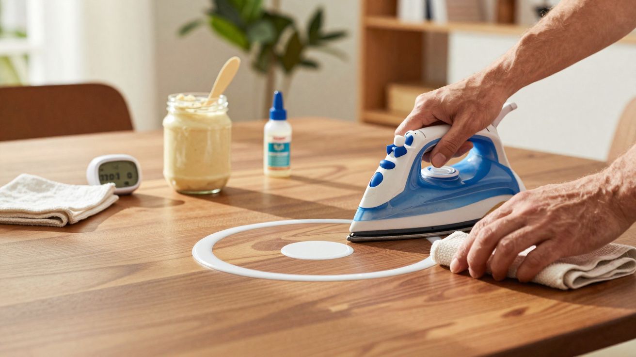 Pessoa a passar ferro sobre uma mancha redonda branca numa mesa de madeira com vários objetos ao fundo.