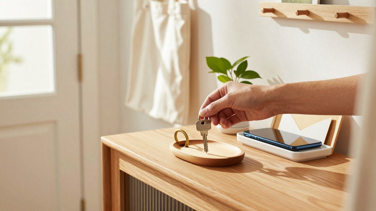 Pessoa a colocar uma chave numa chapa de madeira sobre uma cómoda com telemóvel e plantas.