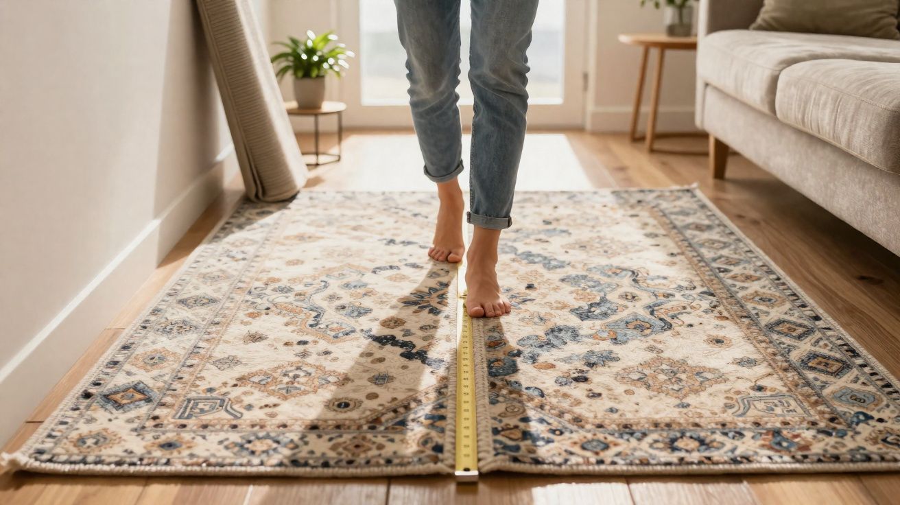 Pessoa a medir o comprimento de um tapete decorativo com uma fita métrica numa sala iluminada.