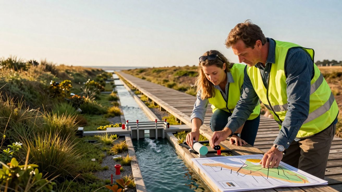 Dois técnicos em coletes refletores analisam um mapa ao lado de um canal de água em ambiente natural.