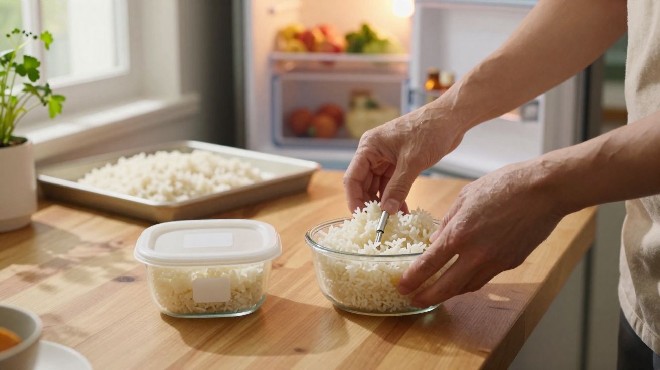 Pessoa a guardar arroz cozido em frasco de vidro numa cozinha com frigorífico aberto ao fundo.
