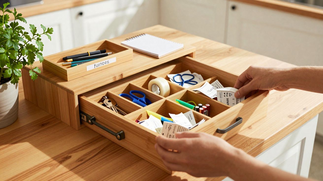 Pessoas organizam recibos, canetas, tesouras e fita adesiva numa gaveta de madeira numa cozinha clara.
