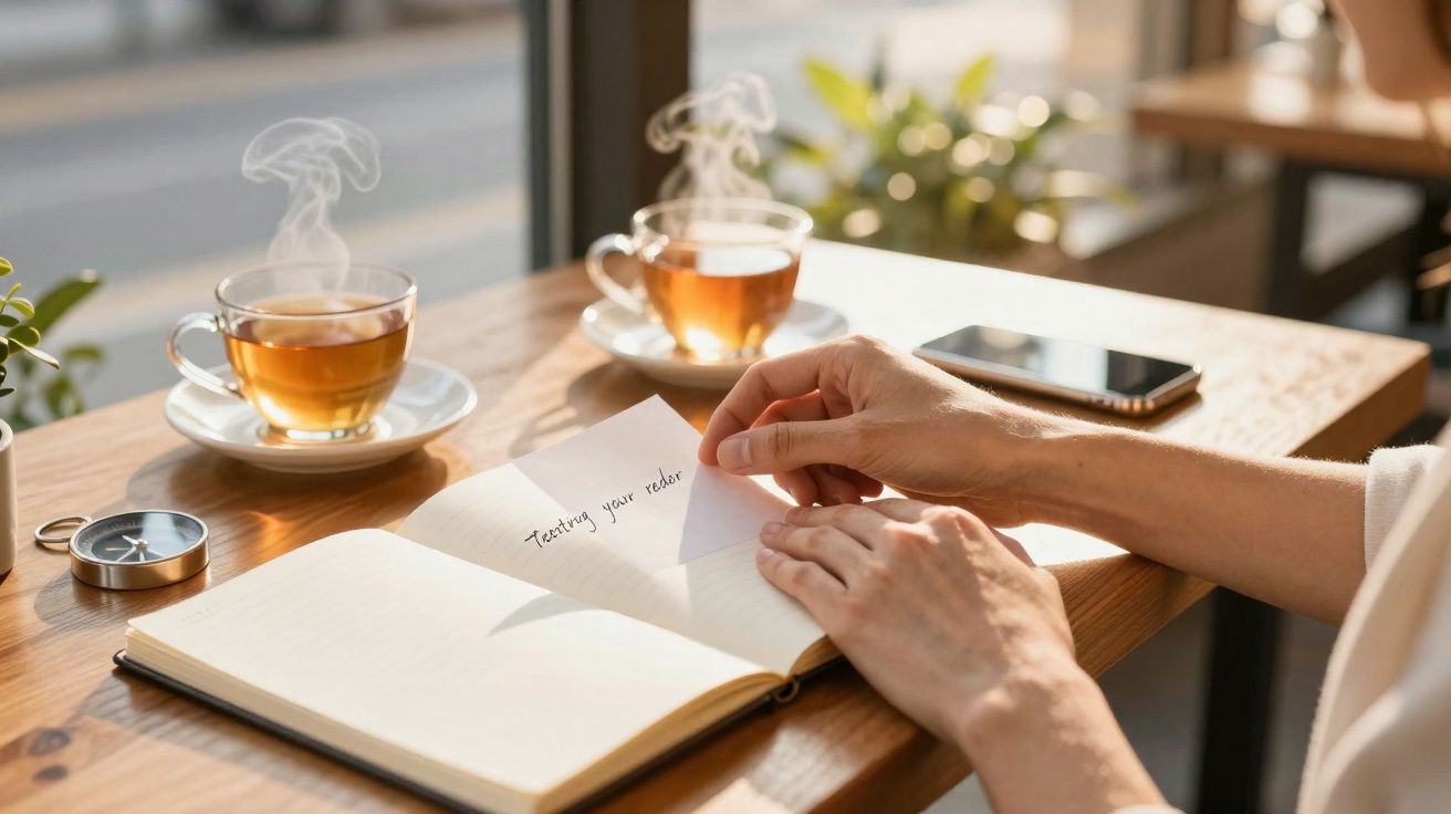 Mesa de madeira com chá quente, agenda aberta e mãos virando página num café luminoso.