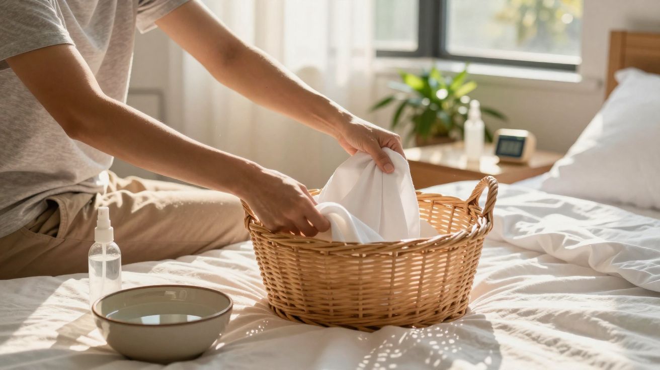 Pessoa a colocar roupa branca num cesto de verga sobre uma cama com luz natural a entrar pela janela.