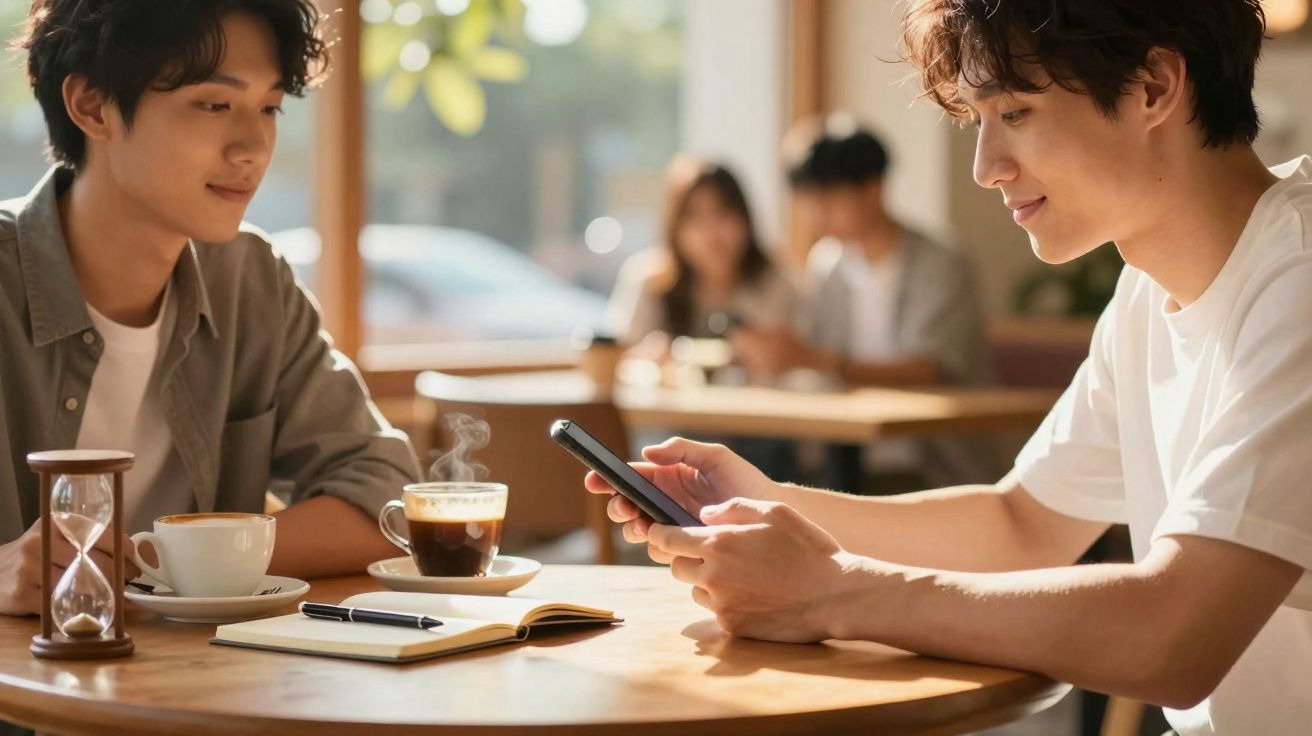 Dois homens sentados numa mesa de café, um usa telemóvel e o outro observa, com bebidas e caderno à mesa.