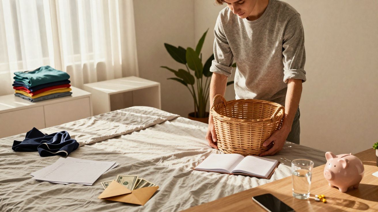 Pessoa a segurar cesto de roupa num quarto com roupa dobrada, notas de dinheiro e cofrinho na mesa.