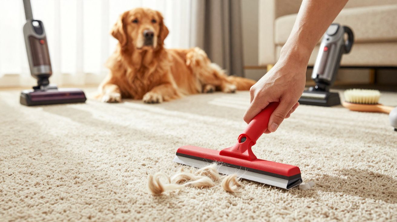 Pessoa a limpar pelo de cão castanho claro num tapete bege com escova vermelha, cão deitado ao fundo.