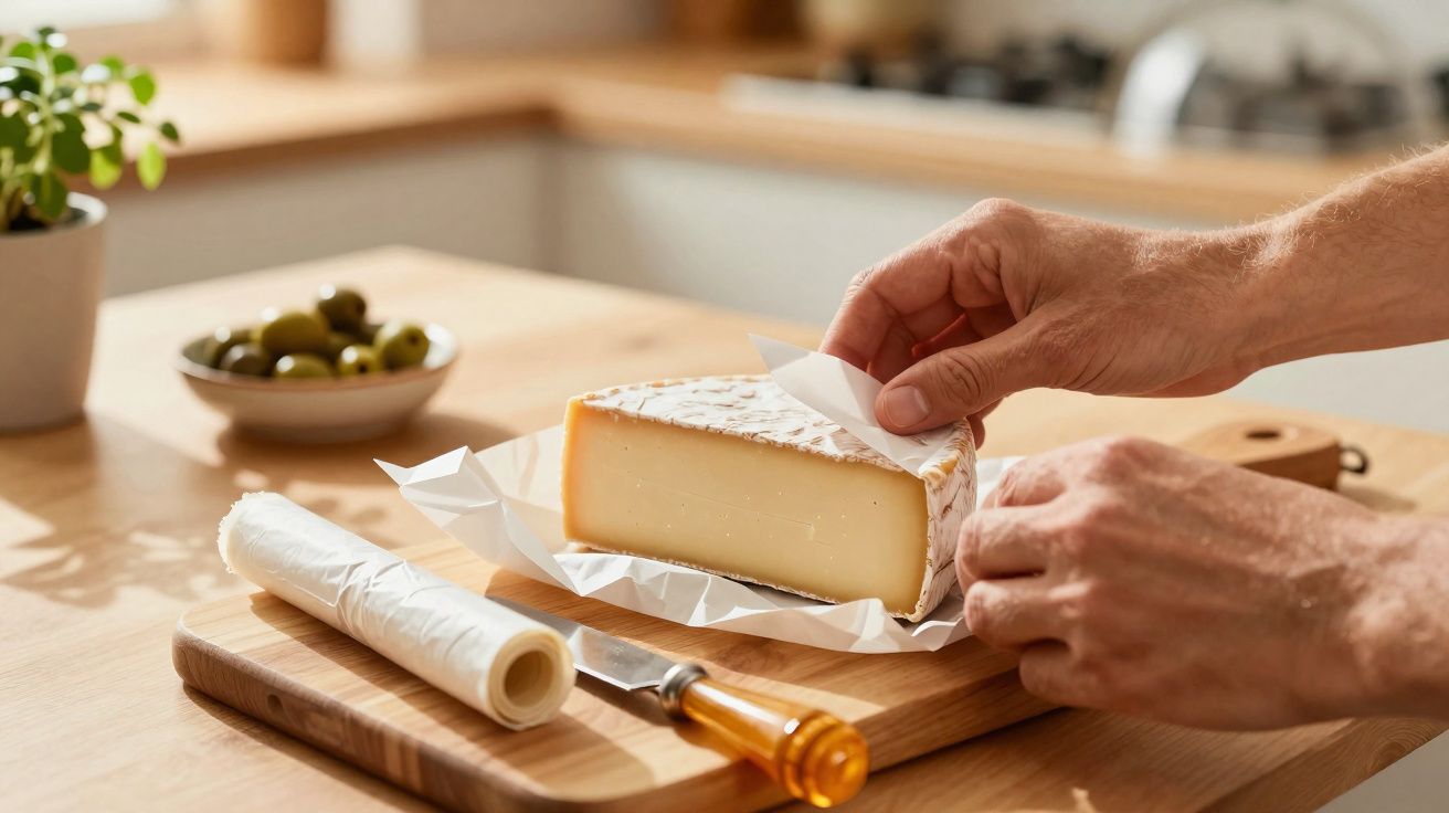 Mãos a desembrulhar queijo cremoso num tabuleiro de madeira numa cozinha iluminada.