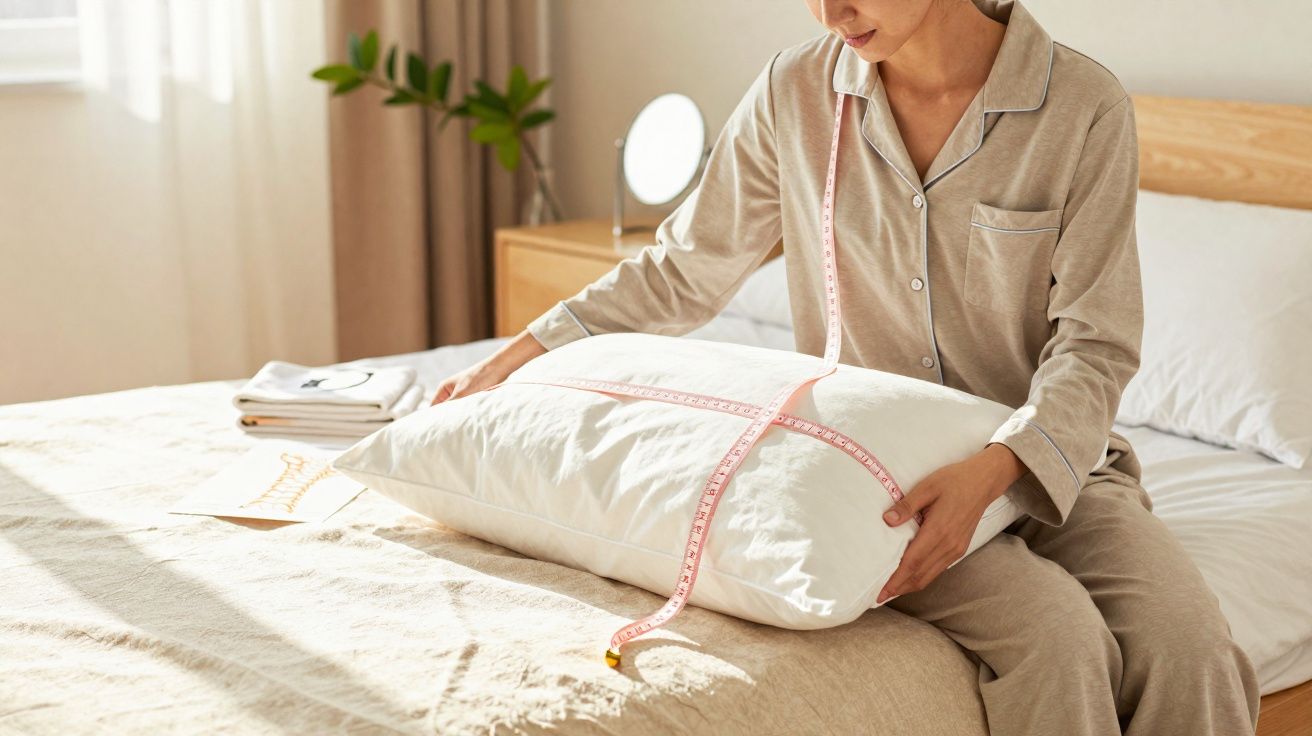 Pessoa em pijama a medir uma almofada branca com fita métrica num quarto luminoso.