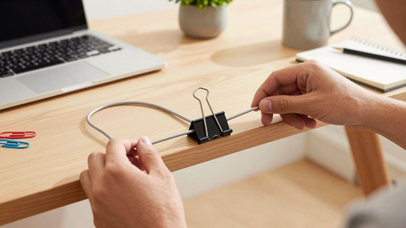 Mãos a prender cabo com mola de papel a uma secretária de madeira num escritório doméstico.