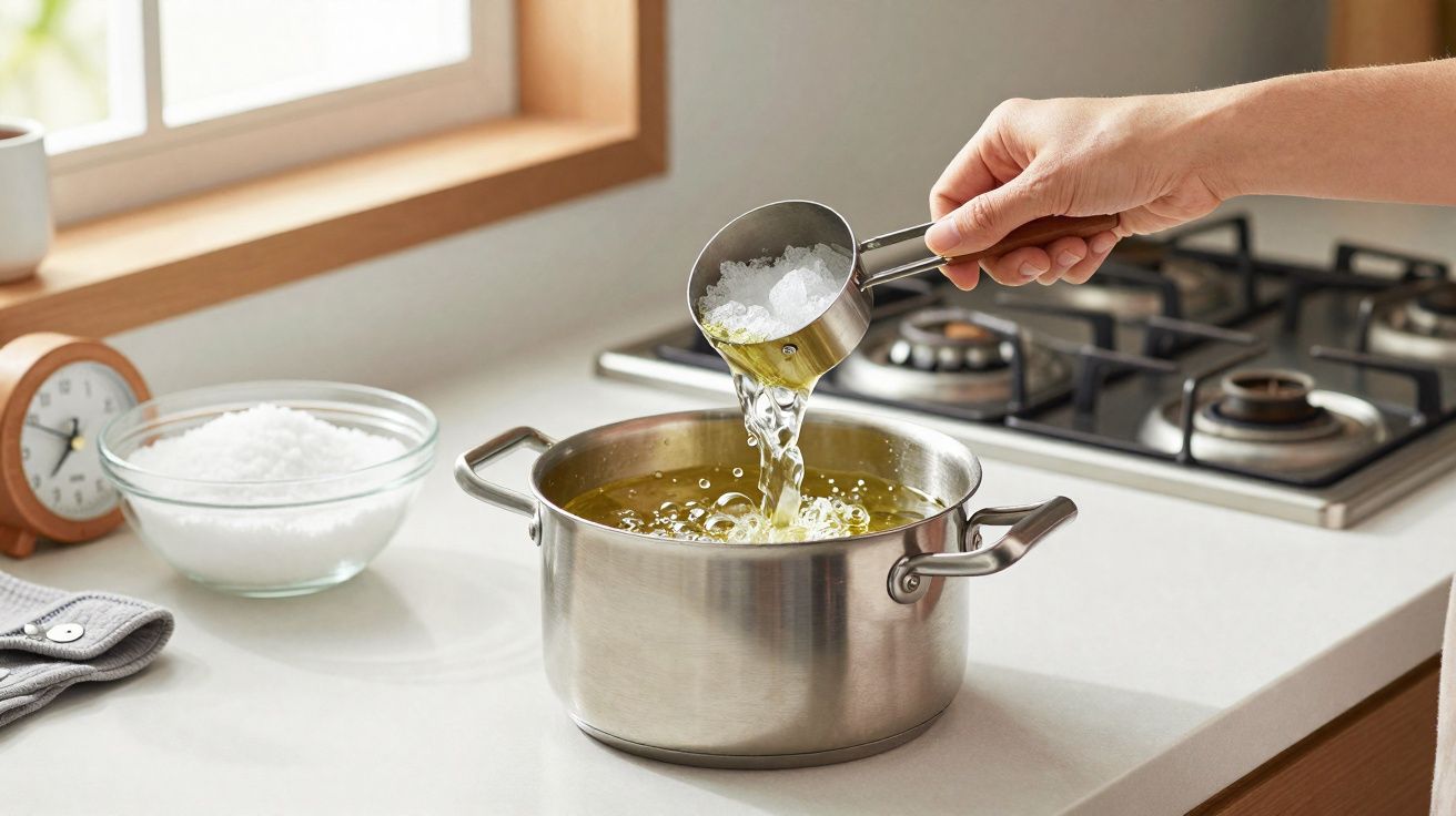 Pessoa a adicionar óleo numa panela num fogão de cozinha moderna, com relógio e tigela de farinha ao lado.