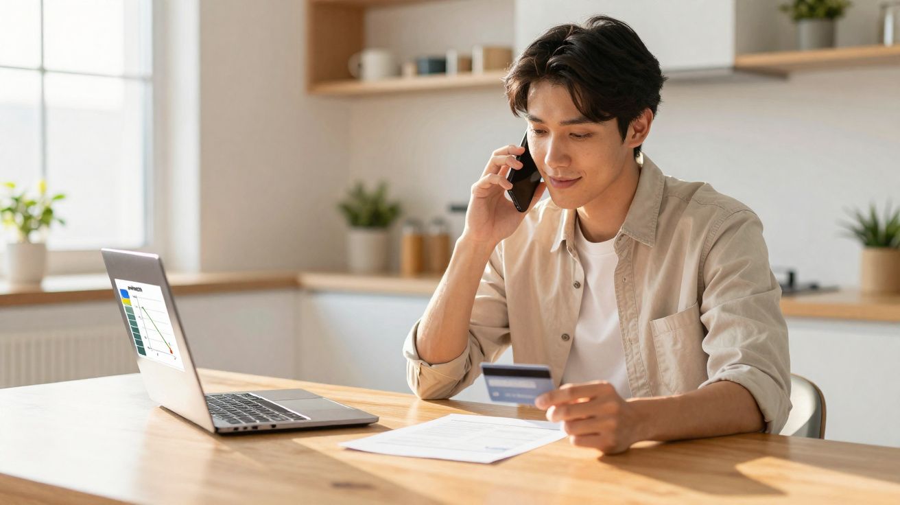 Homem jovem a falar ao telefone enquanto segura cartão de crédito, sentado à mesa com portátil e documentos.