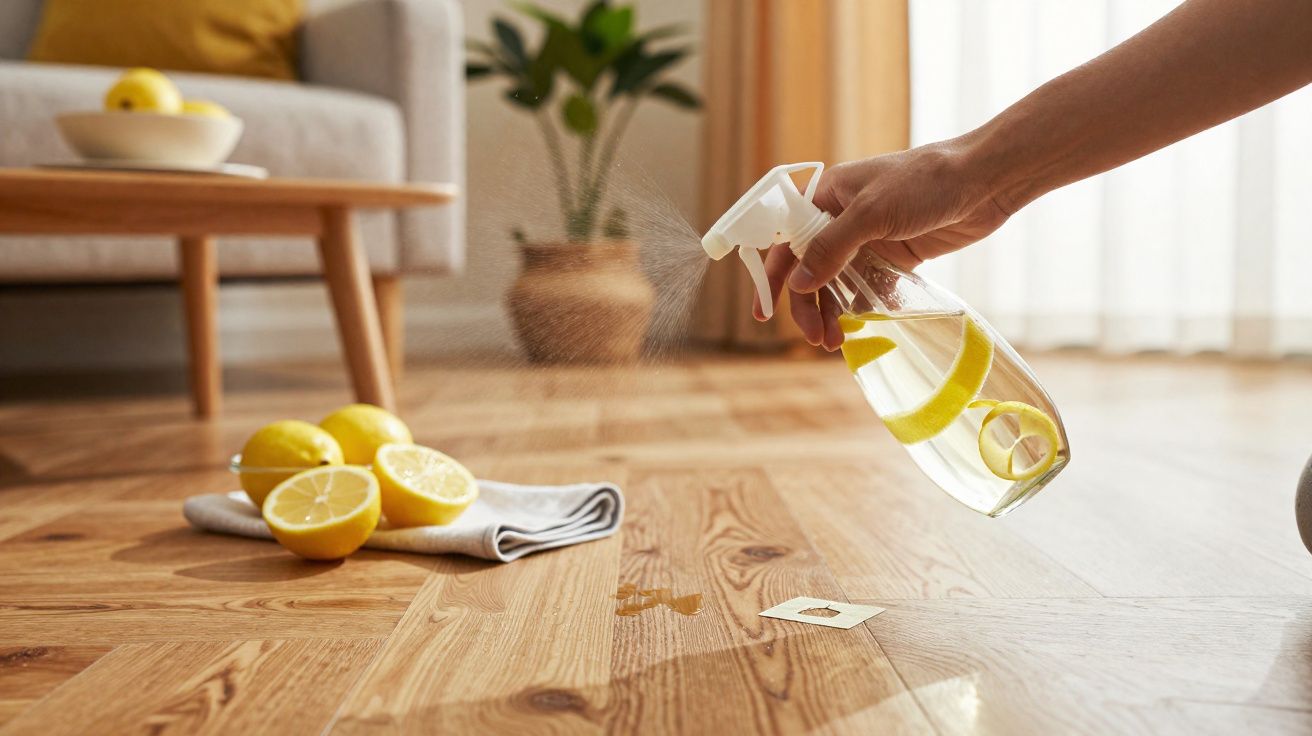 Mão pulveriza solução caseira com limão para limpeza de nódoa em chão de madeira numa sala iluminada.