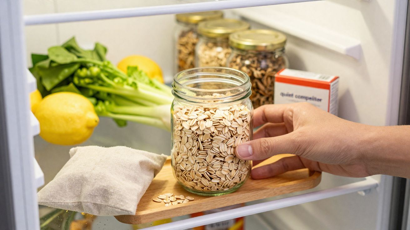 Mão a pegar frasco de vidro com flocos de aveia numa tábua dentro de frigorífico com limões e legumes.