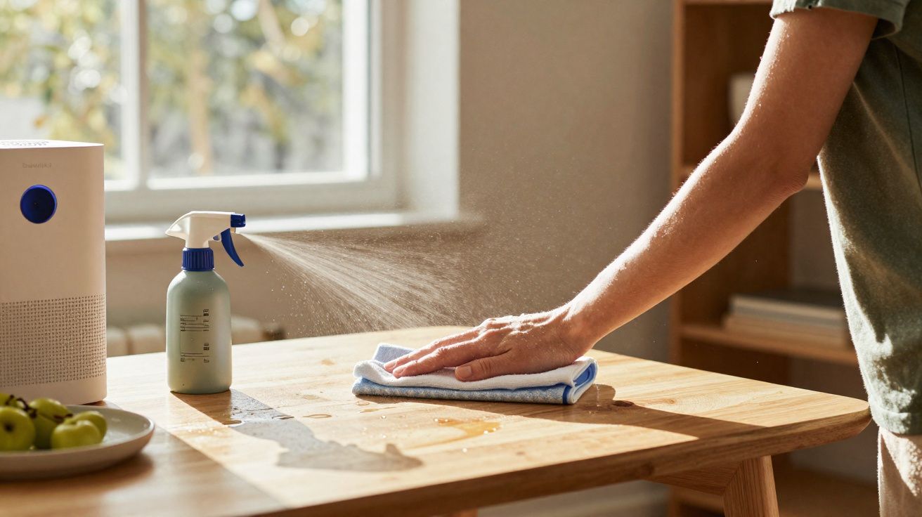 Pessoa a borrifar e limpar uma mesa de madeira com um pano azul num ambiente iluminado pela luz natural.