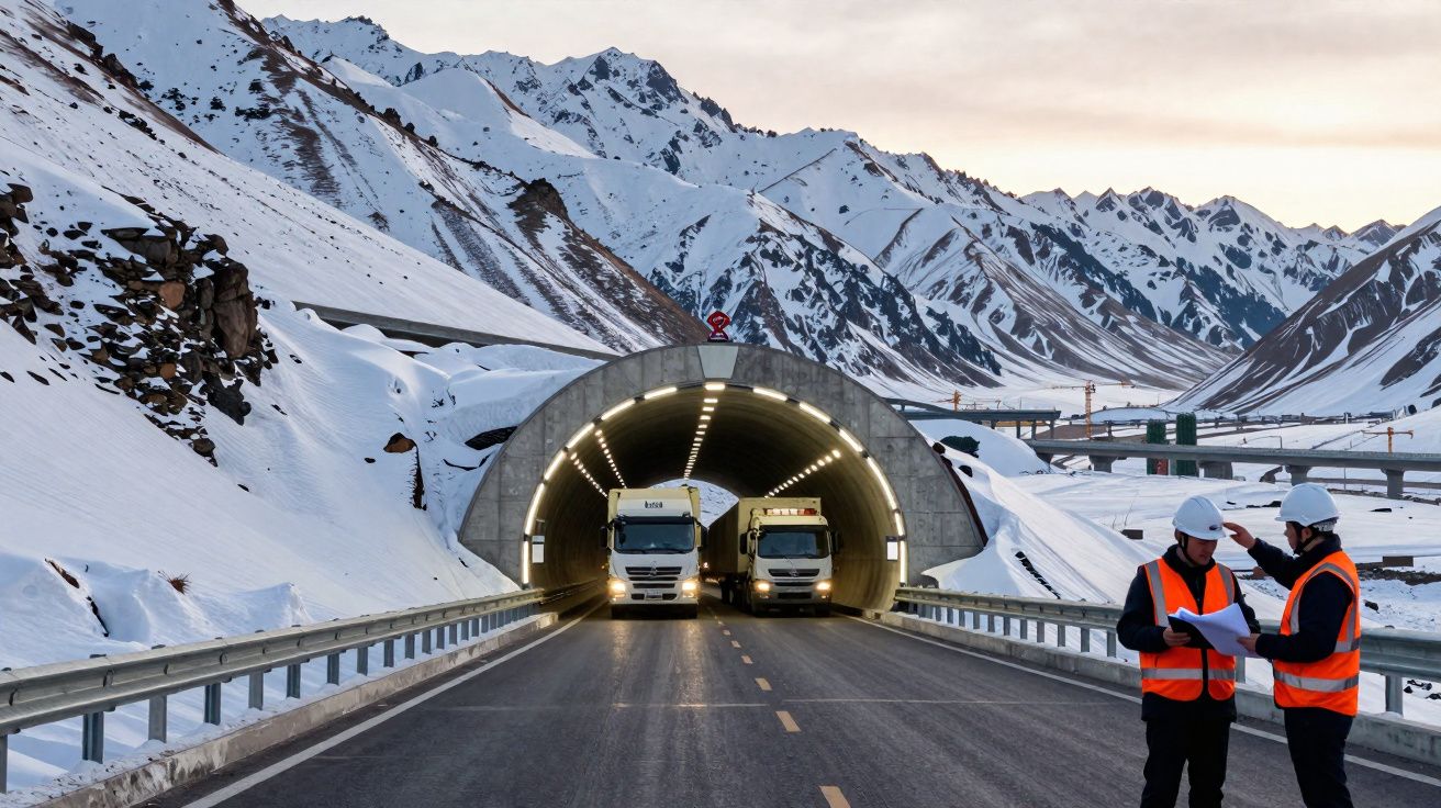 Dois camiões saem de túnel em montanha nevada, com dois trabalhadores de colete e capacete à direita.