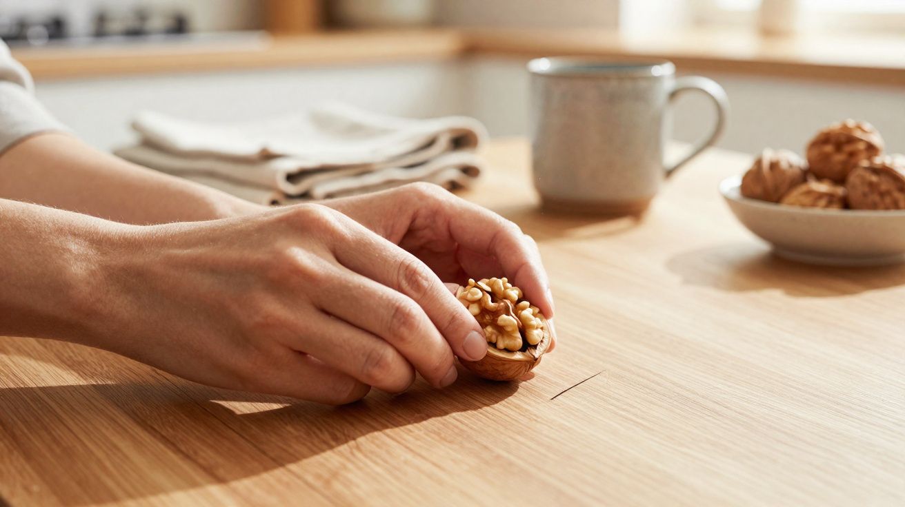 Mãos a abrir uma noz partida ao meio sobre uma mesa de madeira, com uma caneca e nozes ao fundo.