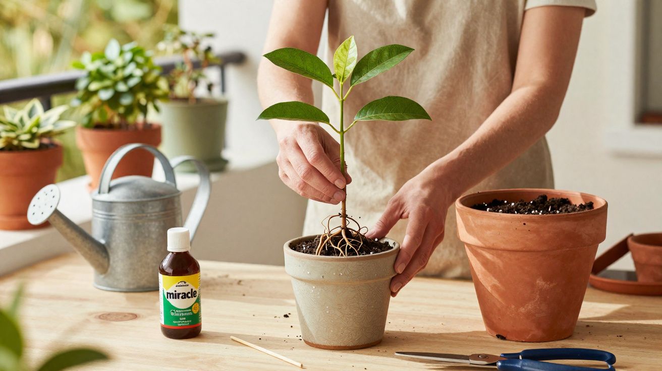 Pessoa a transplantar uma planta jovem para um vaso novo numa mesa com utensílios de jardinagem.