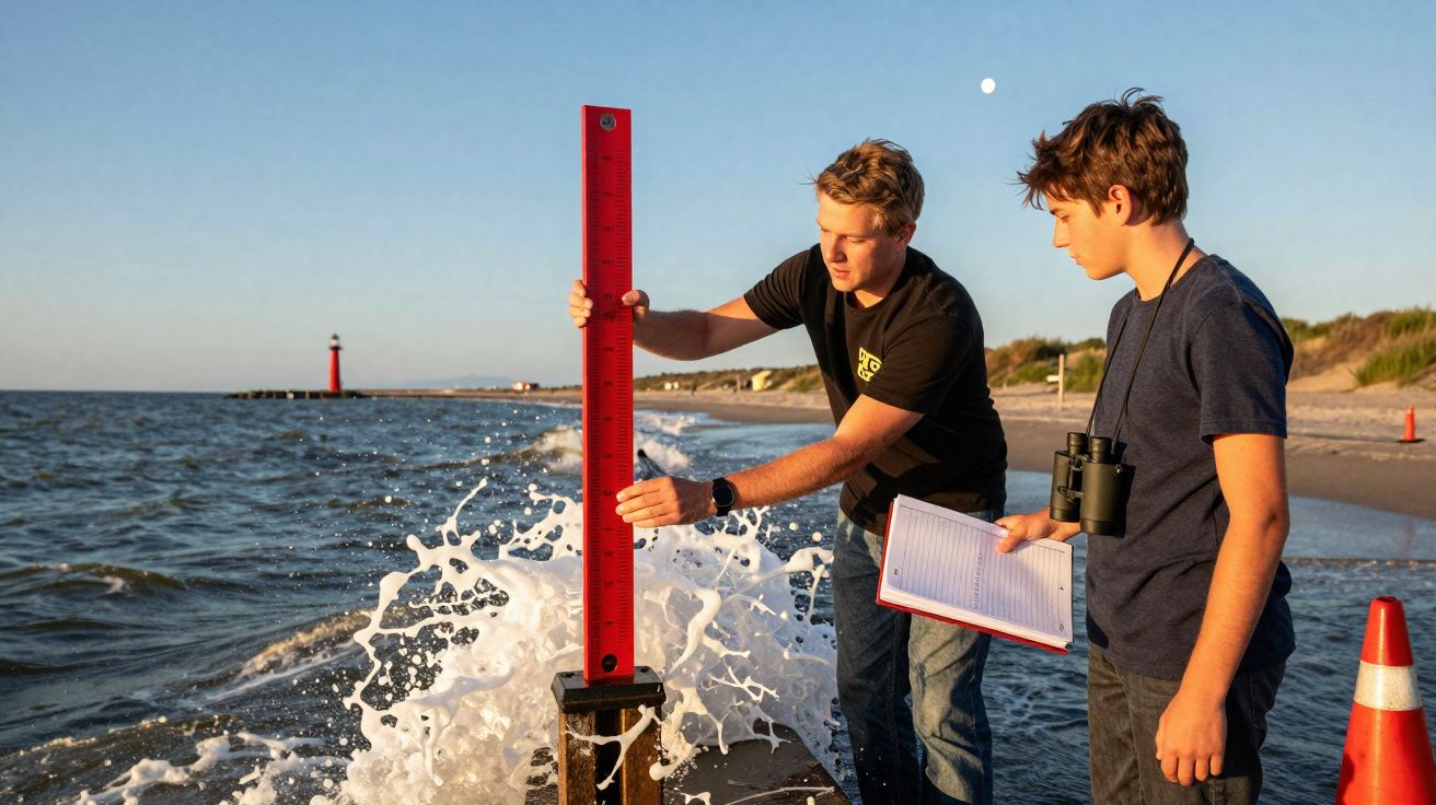 Dois jovens na praia a medir o nível da água com régua grande, ondas a bater, e farol ao fundo.