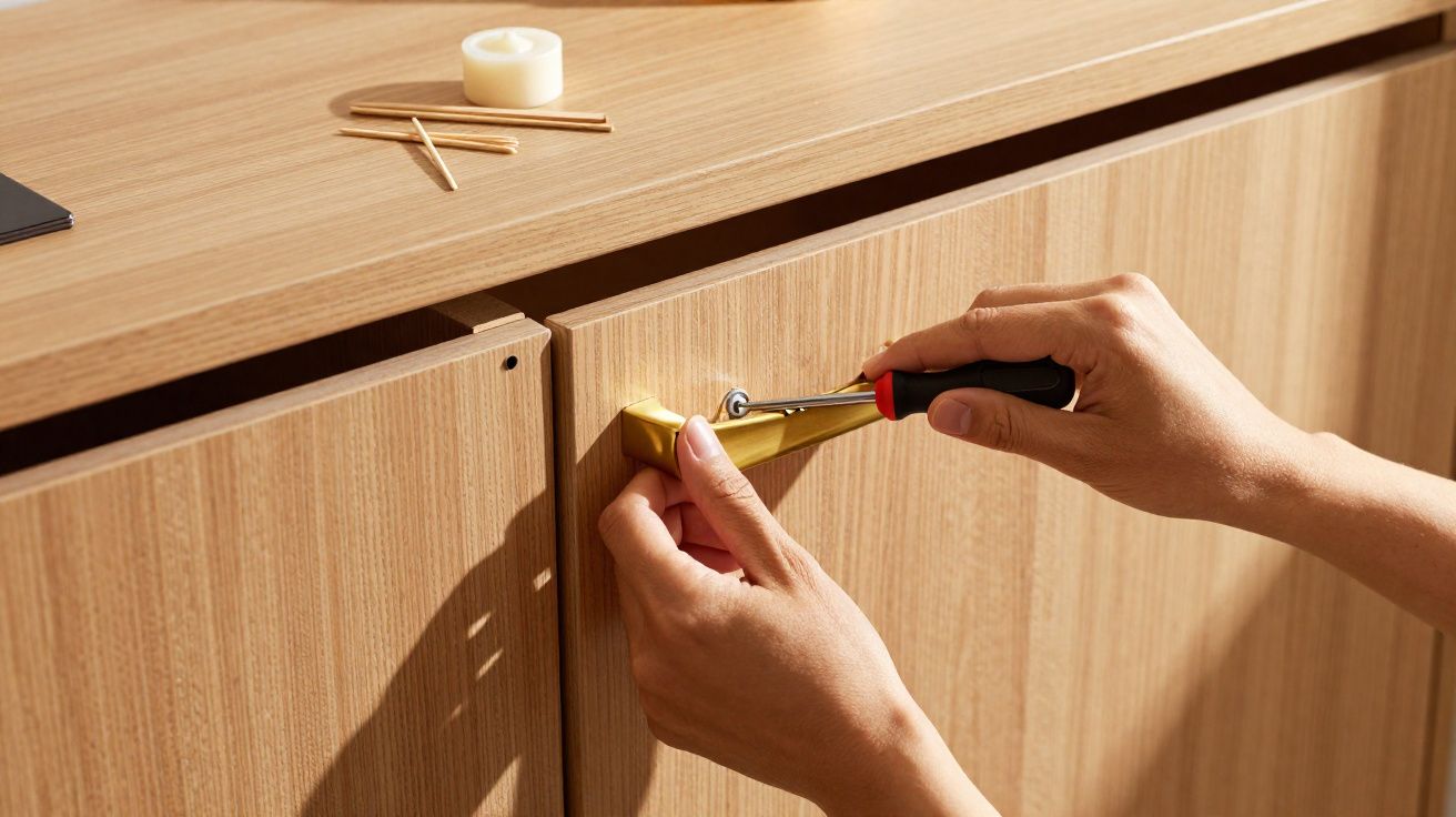 Mãos desmontando puxador dourado de móvel em madeira clara com chave de fendas.
