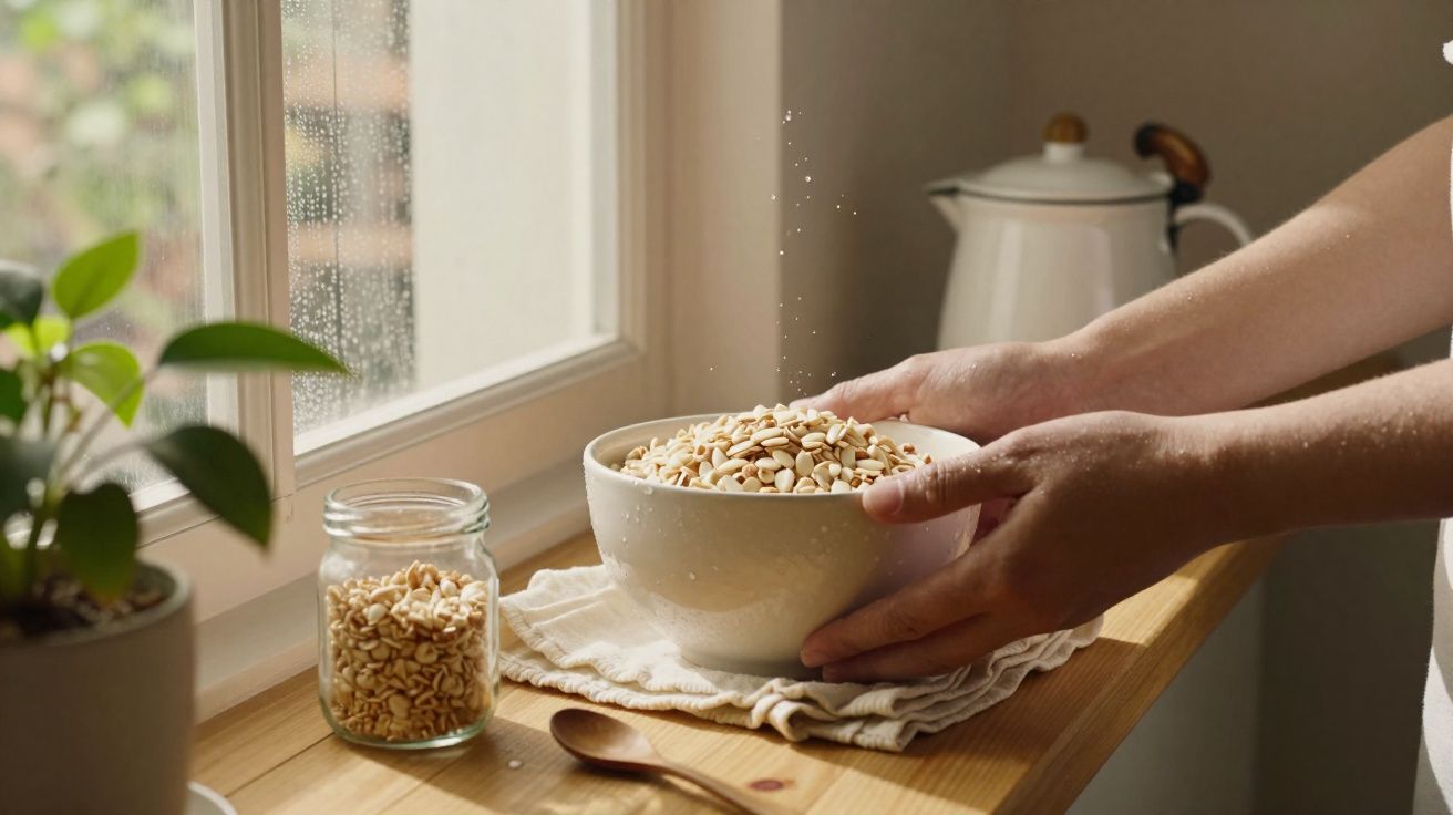 Mãos seguram taça branca com sementes na janela, ao lado frasco de vidro e colher de madeira.