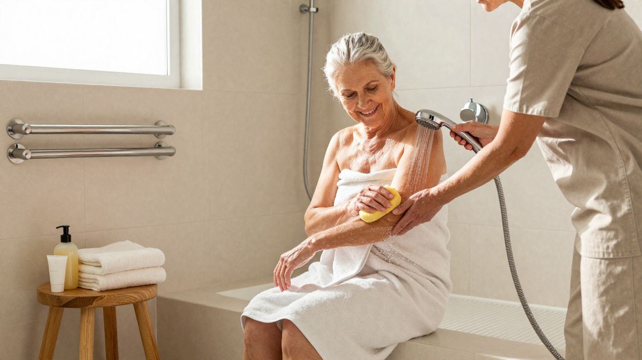Idosa sentada com toalha, a ser ajudada no banho por cuidadora numa casa de banho iluminada.
