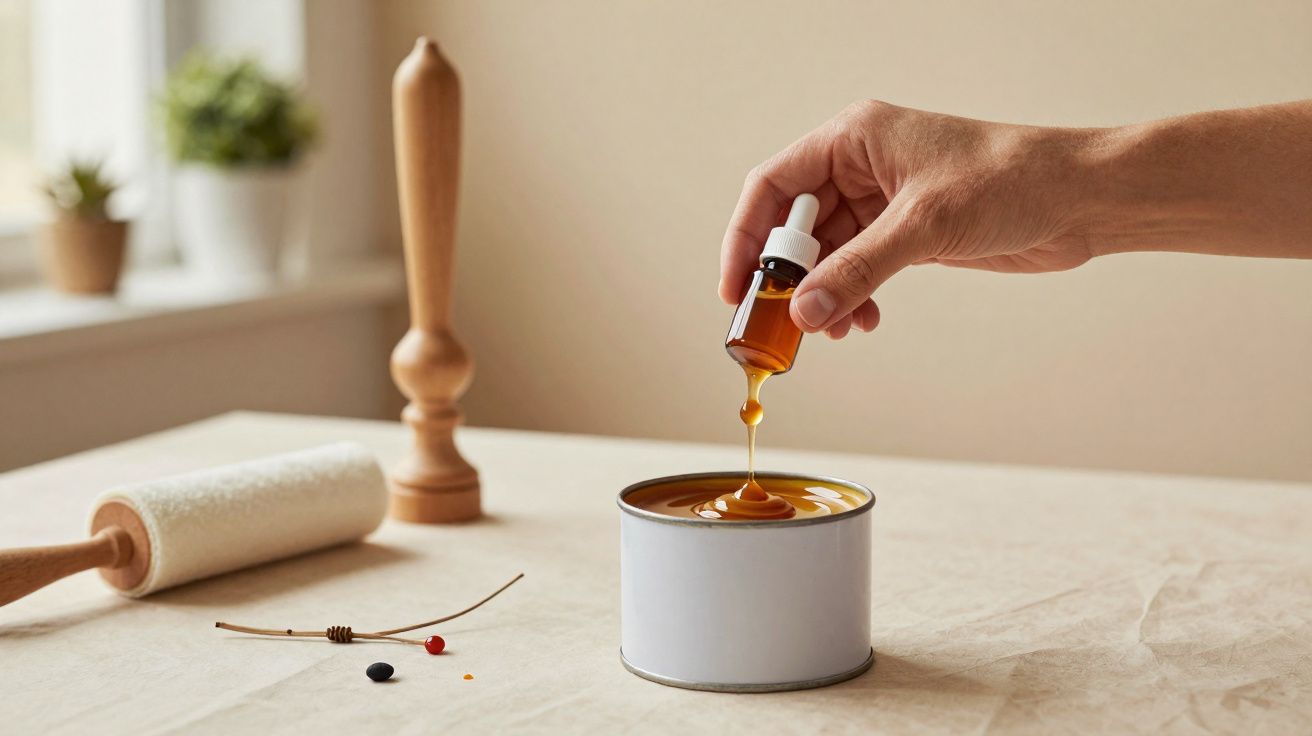 Mão a derramar cera líquida ambarina numa lata branca, com pincel e ferramentas para bricolage à volta.