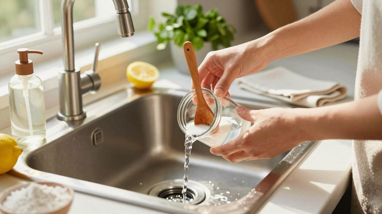 Mãos a despejar líquido de um frasco de vidro na pia da cozinha, com limã e plantas ao fundo.