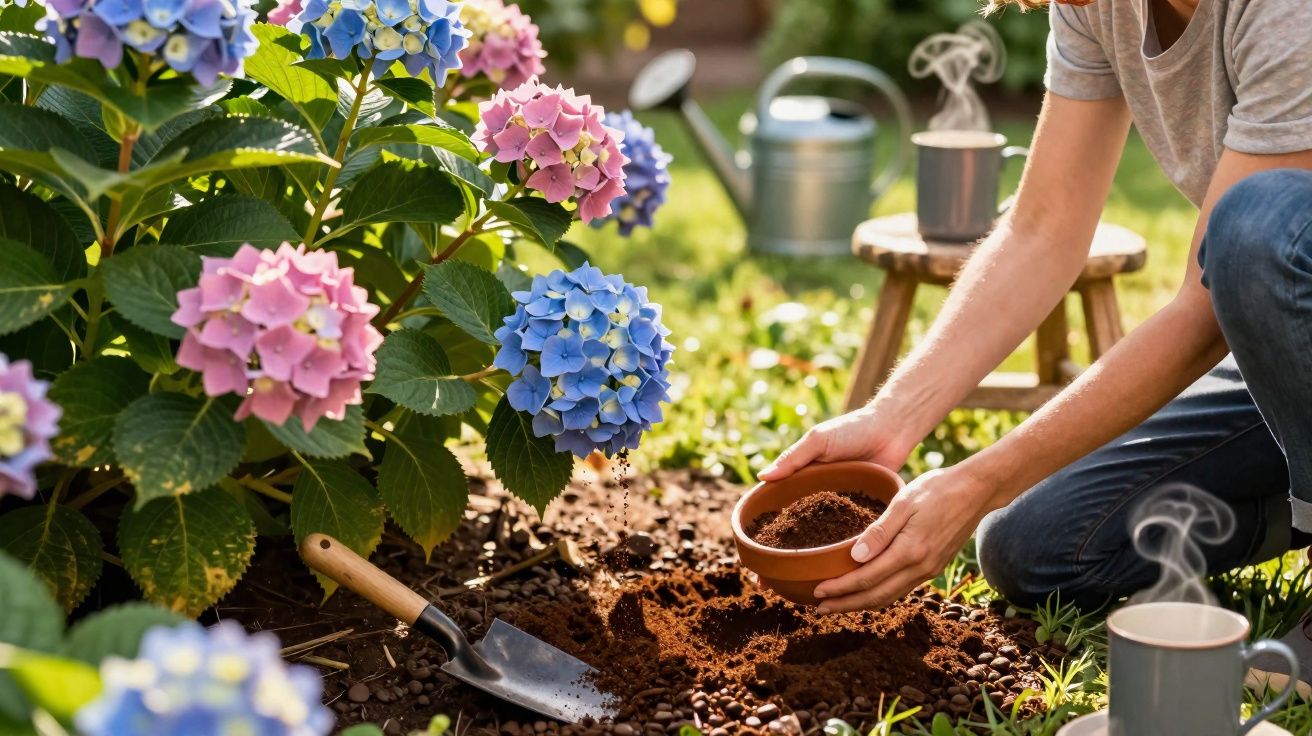 Pessoa a adubar flores de hortênsia num jardim com regador, enxada e chá quente ao lado.