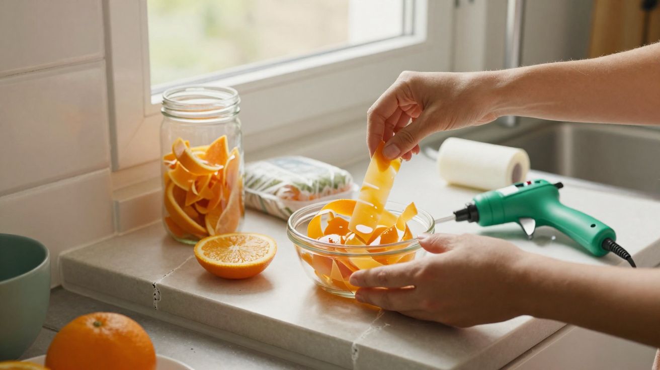 Mãos a colocar cascas de laranja numa taça de vidro sobre uma bancada de cozinha.