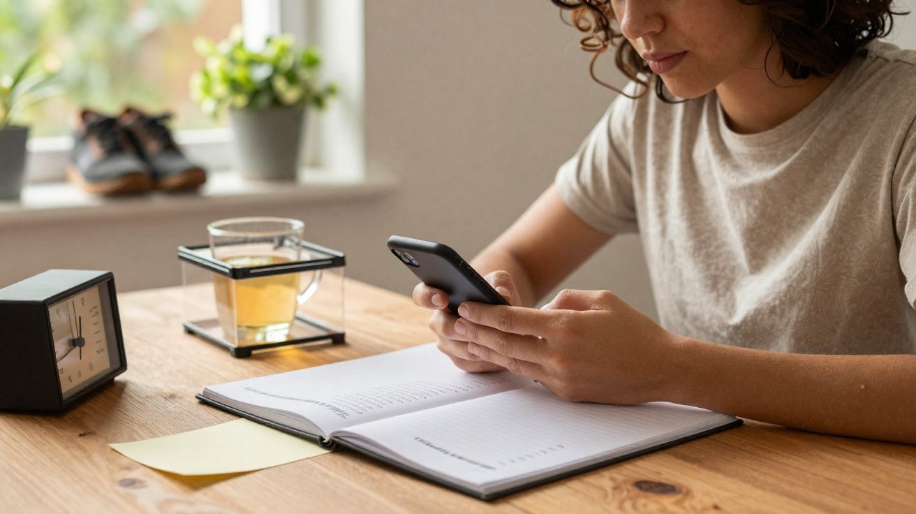 Pessoa sentada numa mesa com caderno aberto, a usar telemóvel, com relógio, chá e plantas ao fundo.