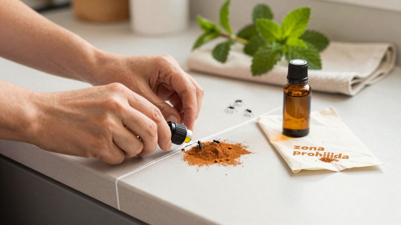 Mãos a aplicar óleo essencial em formigas sobre pó de canela numa bancada, com frasco e papel escrito "zona proibida".