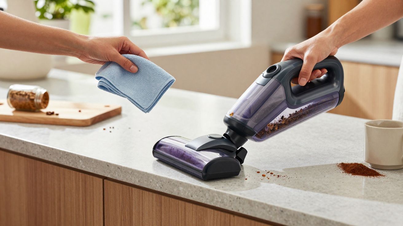 Pessoa a aspirar migalhas na bancada da cozinha com aspirador portátil, outra mão segura pano azul.