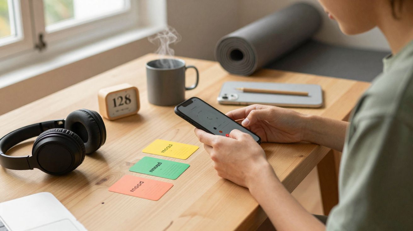 Pessoa a usar telemóvel num ambiente de trabalho com notas coloridas, auscultadores, chá quente e material de escrita.