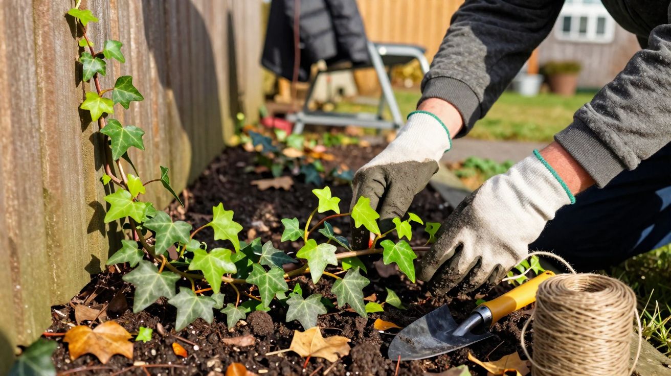 Pessoa a plantar hera com luvas de jardinagem num canteiro junto a uma cerca de madeira.