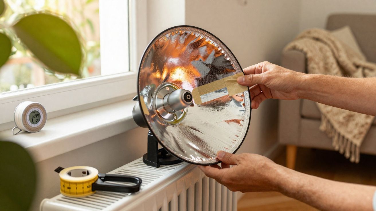 Pessoa a montar reflector de luz numa janela, com fita adesiva e fita métrica sobre um radiador.
