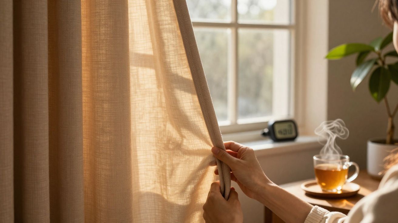 Mãos a abrir uma cortina bege, com chá quente e janela iluminada ao fundo.