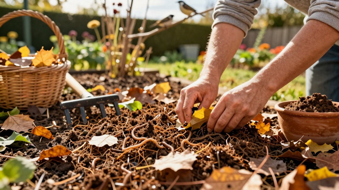 Pessoa a limpar folhas secas do solo de um jardim com as mãos, perto de um cesto e uma panela.