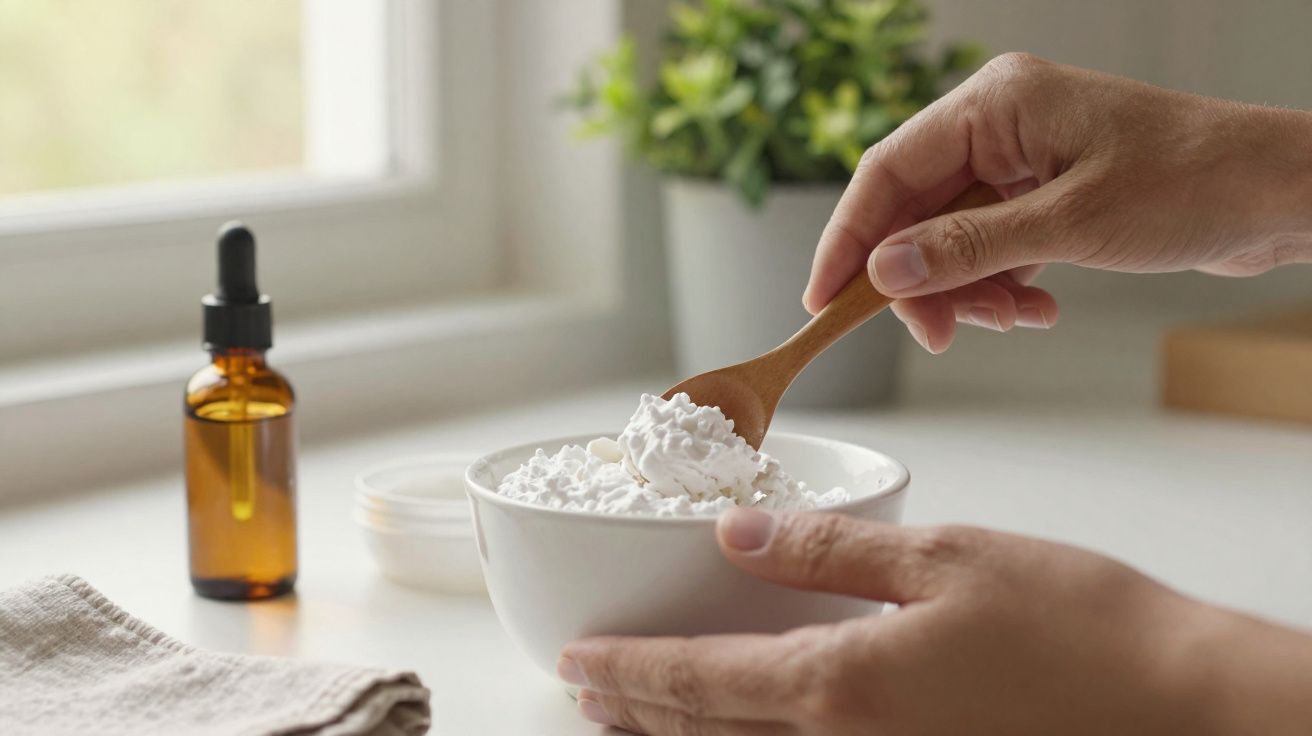 Mãos seguram uma tigela branca com creme branco e uma colher de madeira, ao lado de frasco âmbar com conta-gotas.