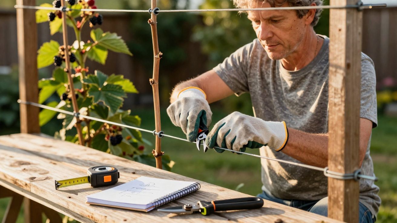 Homem a podar vinha com tesoura de jardim, equipado com luvas, ao lado de uma bancada com ferramentas e caderno.