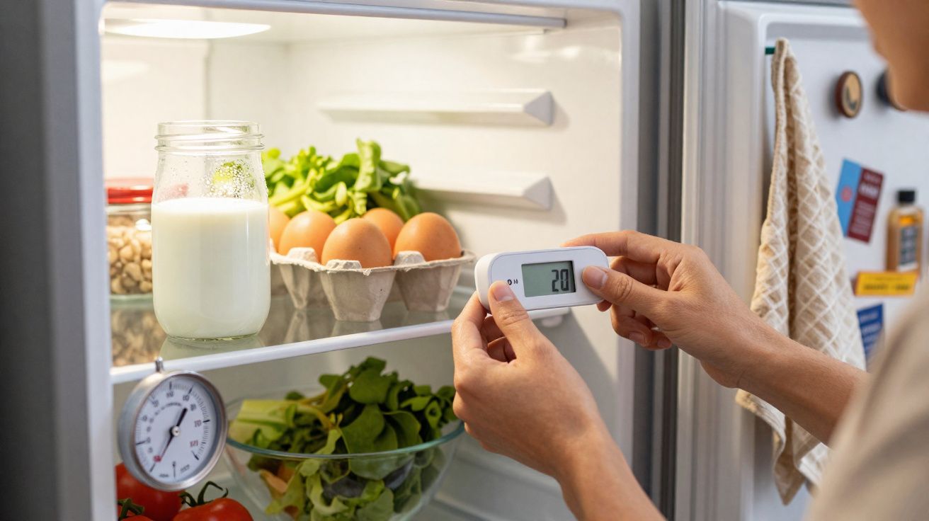 Pessoa a medir a temperatura do frigorífico, que está com ovos, leite e verduras no interior.