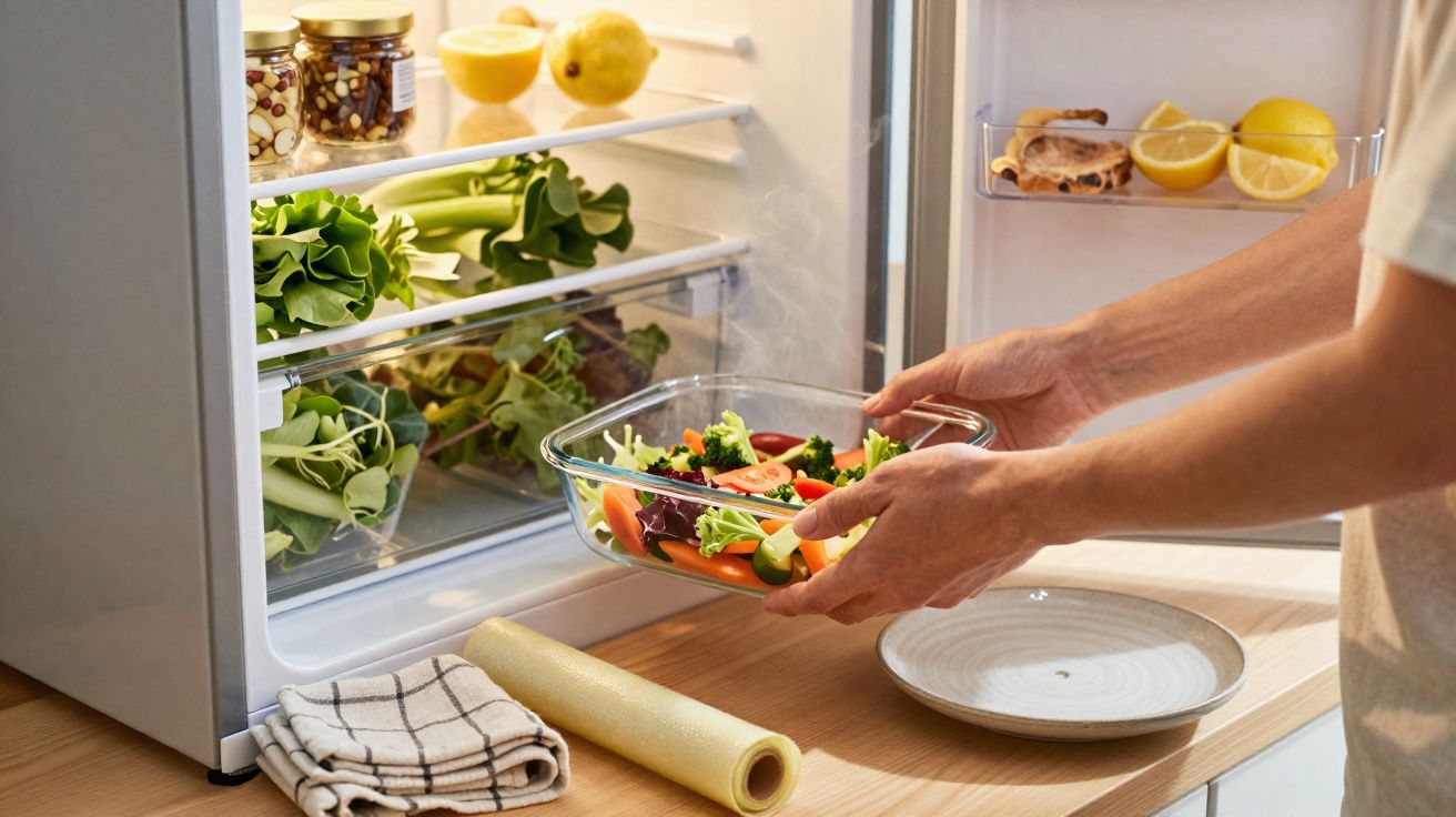 Pessoa a colocar salada fresca numa caixa de vidro dentro do frigorífico aberto com legumes e limões.