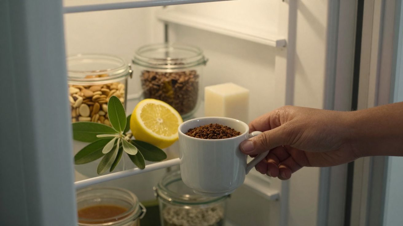 Mão a colocar chá em saqueta dentro de uma chávena branca, com limão, folhas e frascos na prateleira do frigorífico.