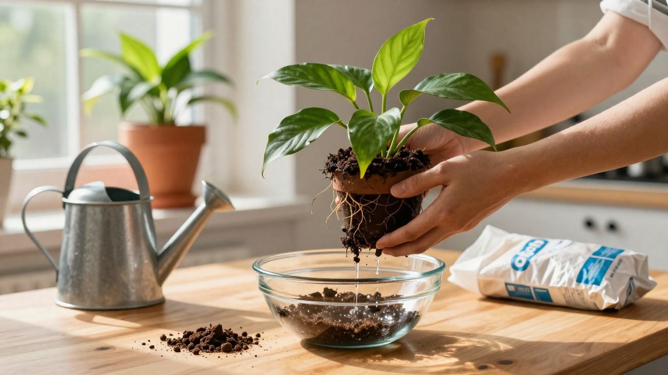 Pessoa transplantando planta com raízes e terra, regador e saco de solo ao fundo numa cozinha iluminada.