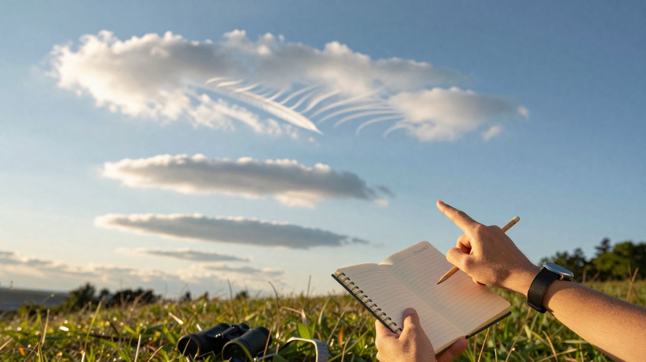 Mãos seguram caderno e lápis a apontar para nuvens com formato de peixe num céu azul sobre relvado com binóculos.
