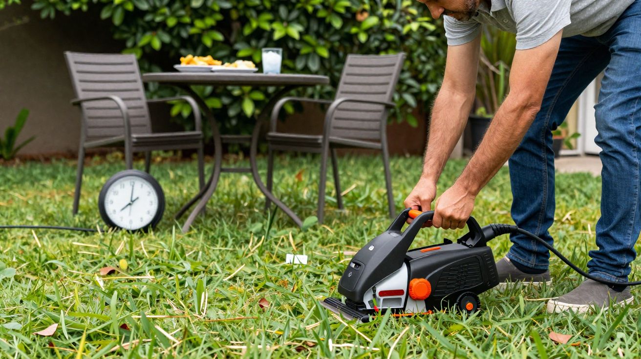 Pessoa a utilizar aparador elétrico de relva num jardim com mesa, cadeiras e relógio no chão.